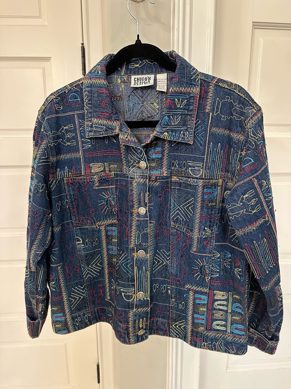 Vintage Chicos Design Embroidered Beaded Denim Jean Jacket Artsy Aztec Sz Large